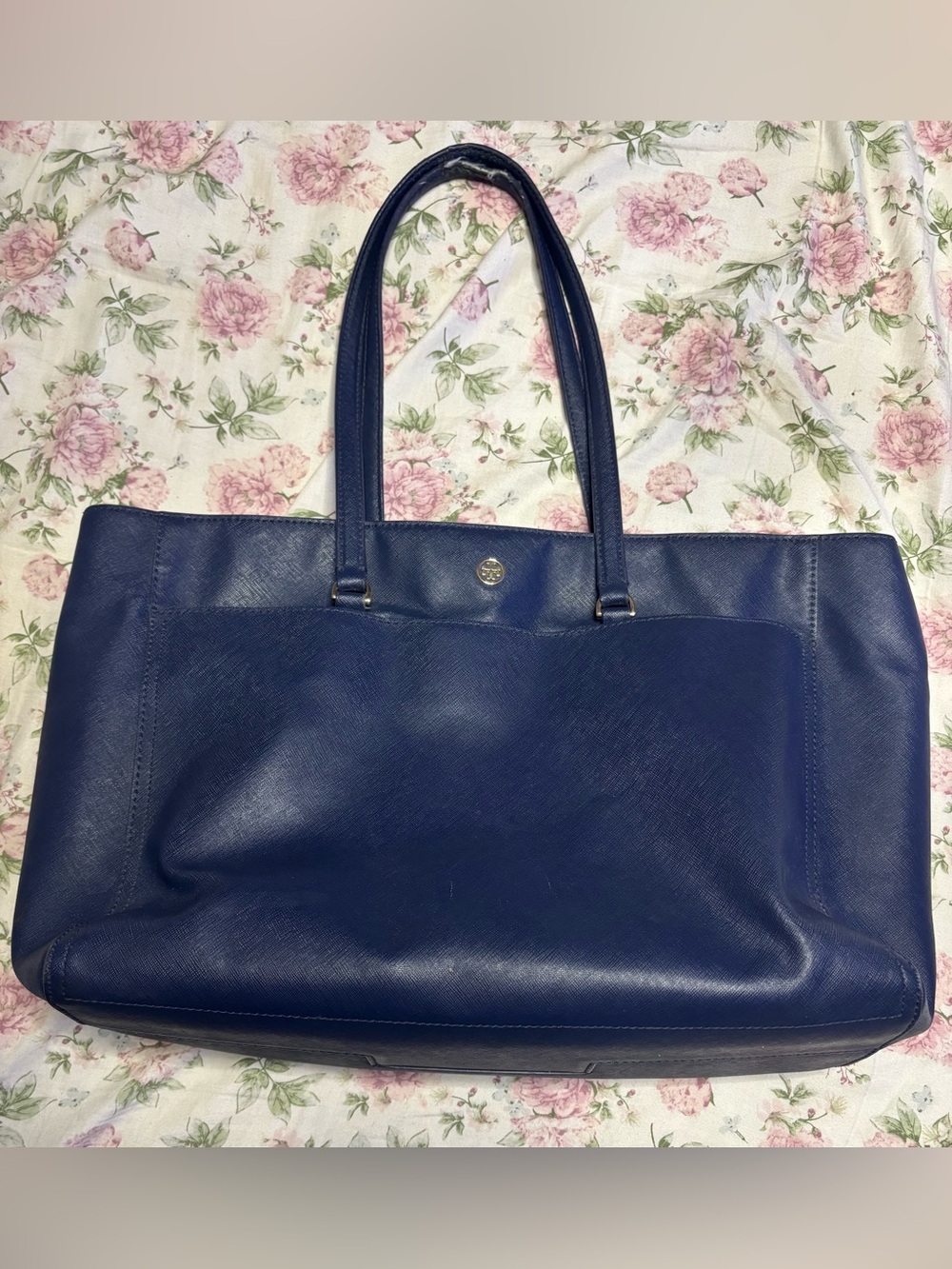Tory Burch Deep Navy Leather Tote with Front Pocket